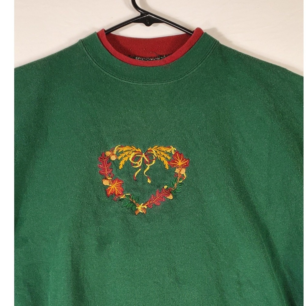 Vintage M&C Sportswear Green Autumn Wreath Heart Embroidered Sweatshirt XL‎